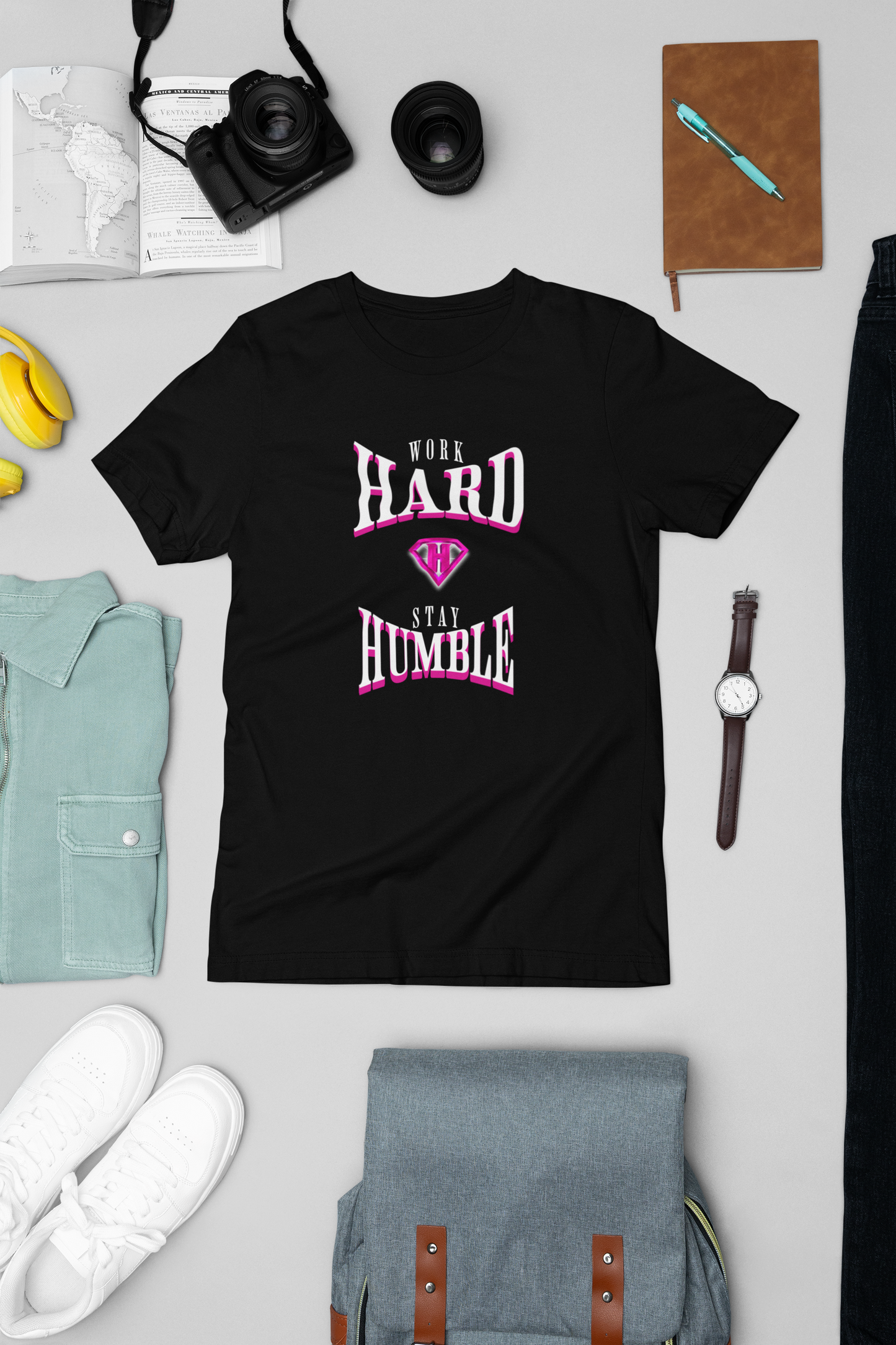 Black & Pink "Work Hard and Stay Humble" Inspirational T-Shirt