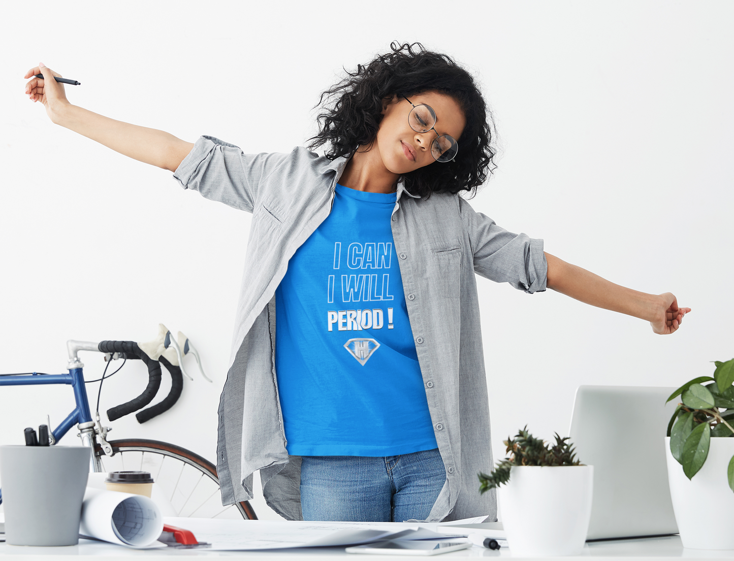 Blue "I Can, I Will, # Period" Inspirational T-Shirt