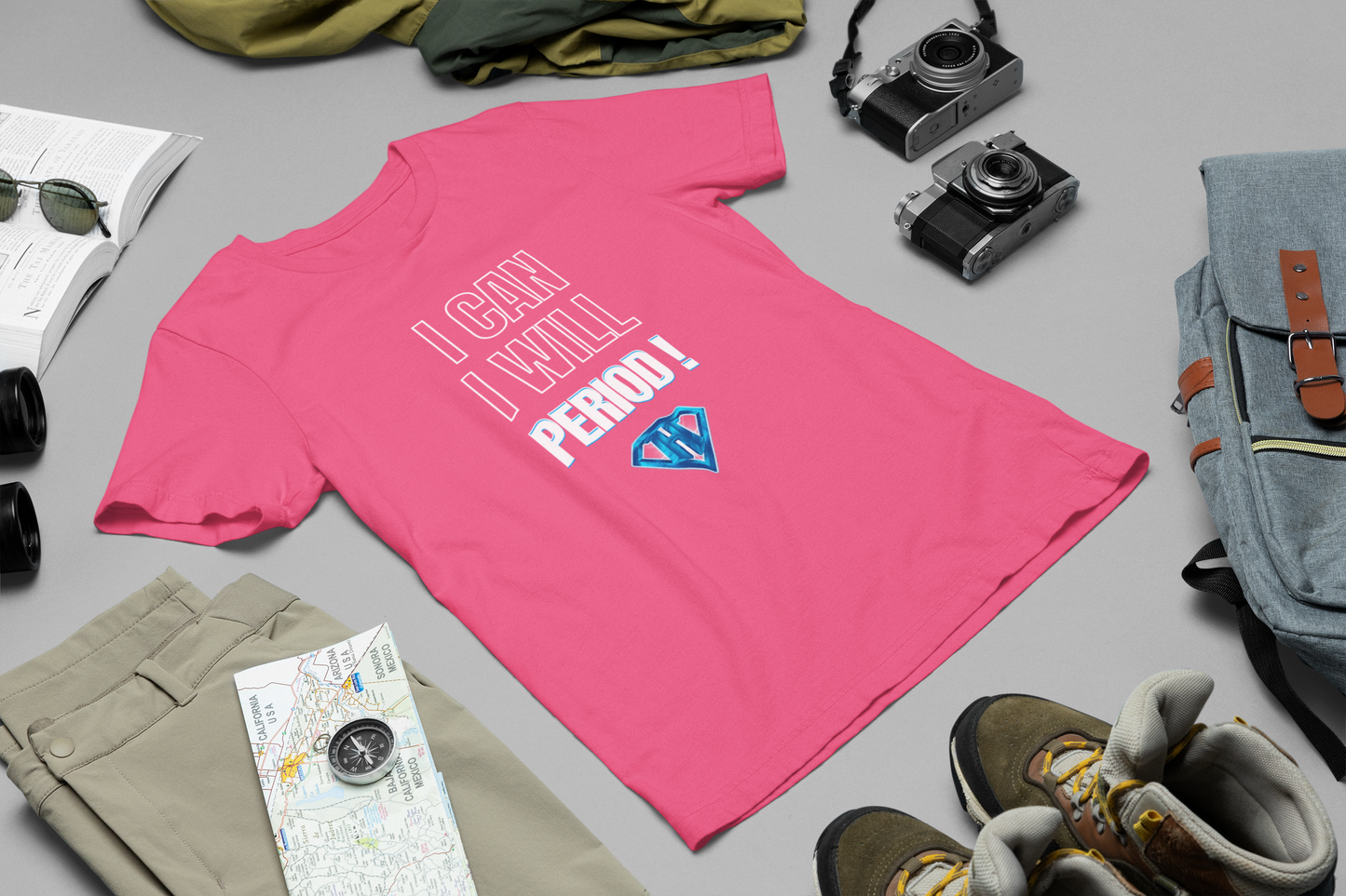 Pink "I Can, I Will, # Period" Inspirational T-Shirt