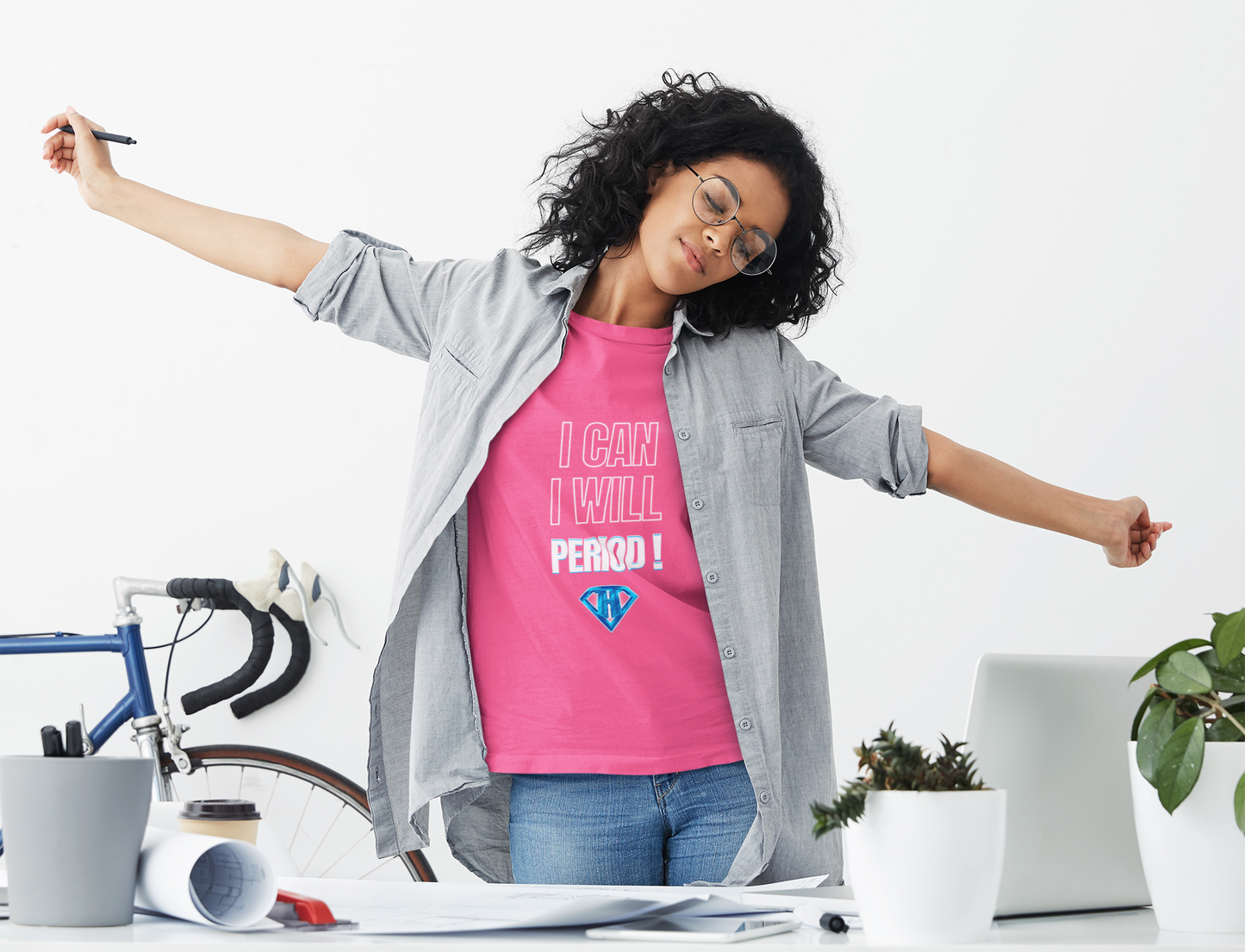 Pink "I Can, I Will, # Period" Inspirational T-Shirt