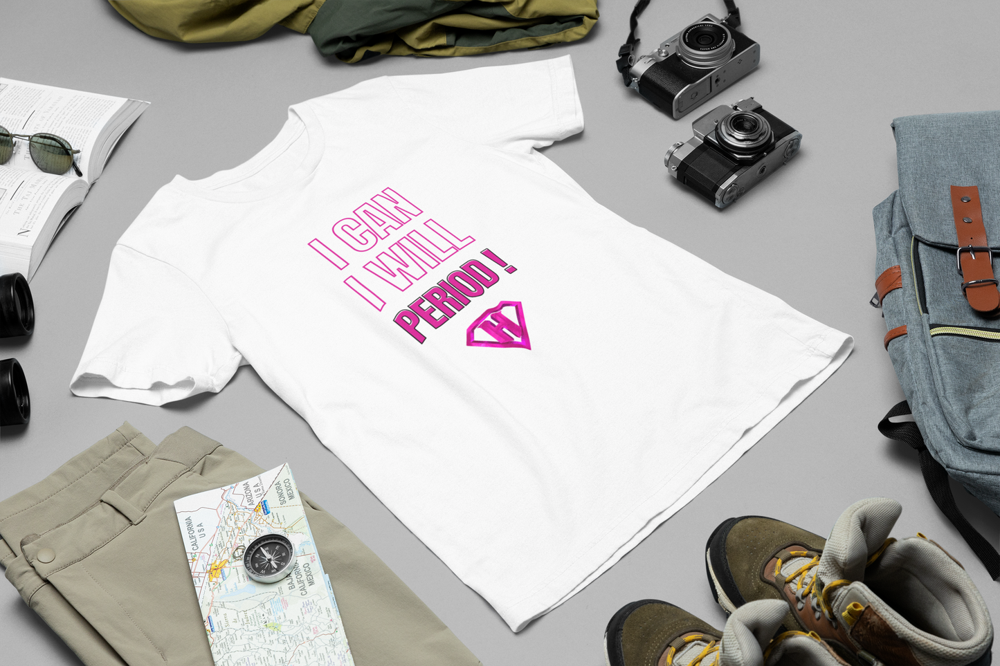 White & Pink "I Can, I Will, # Period" Inspirational T-Shirt