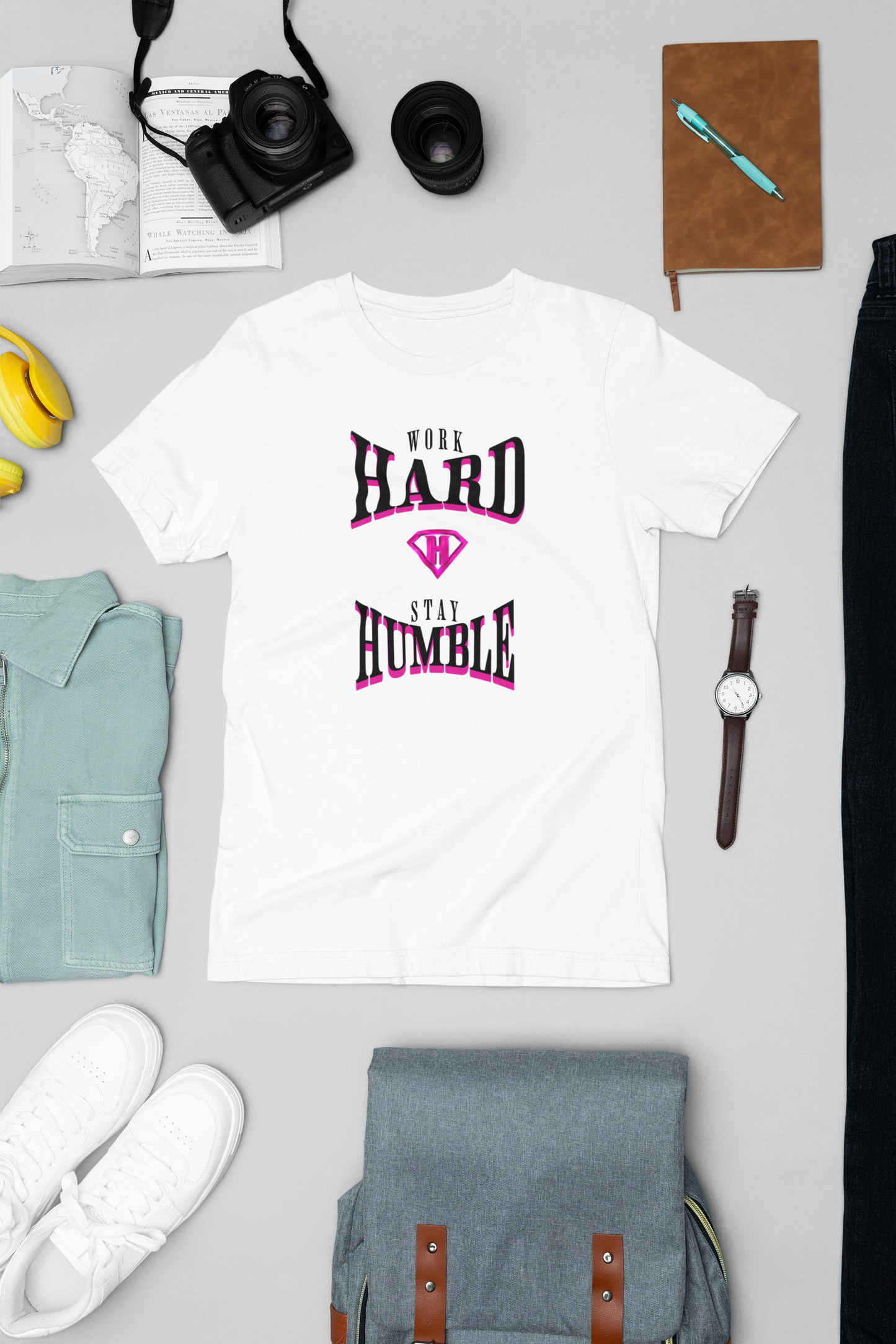 White & Pink "Work Hard and Stay Humble" Inspirational T-Shirt