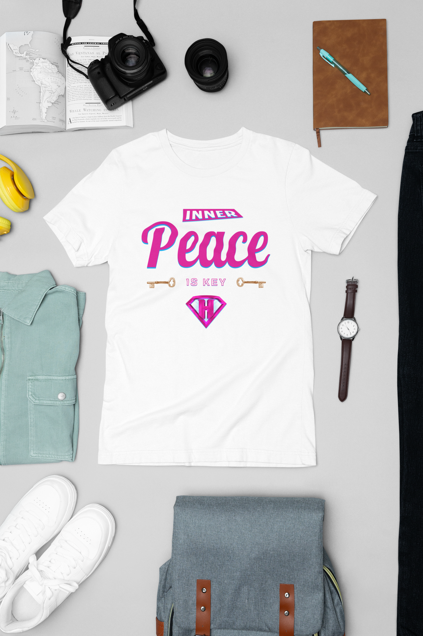 White & Pink "Inner Peace Is Key" Inspirational T-Shirt