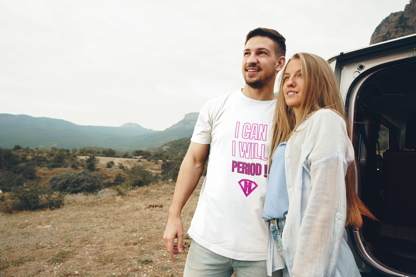 White & Pink "I Can, I Will, # Period" Inspirational T-Shirt