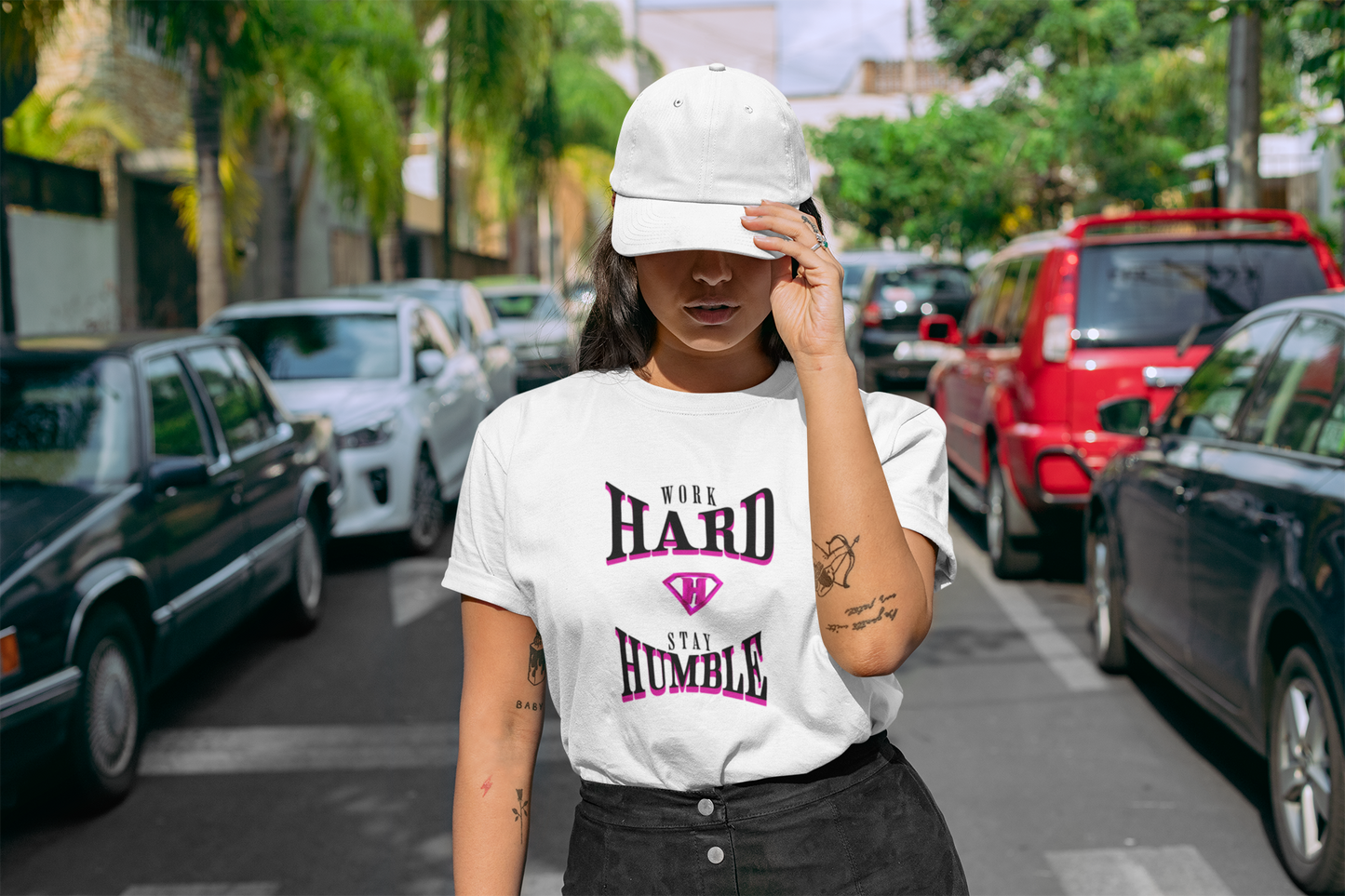 White & Pink "Work Hard and Stay Humble" Inspirational T-Shirt
