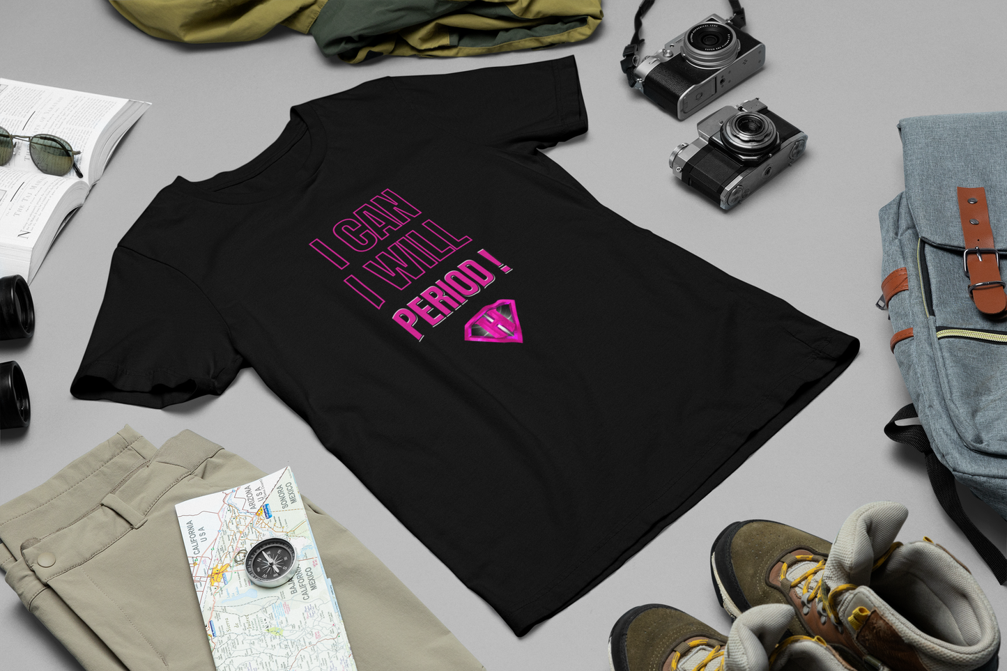 Black & Pink "I Can, I Will, Period" Inspirational T-Shirt