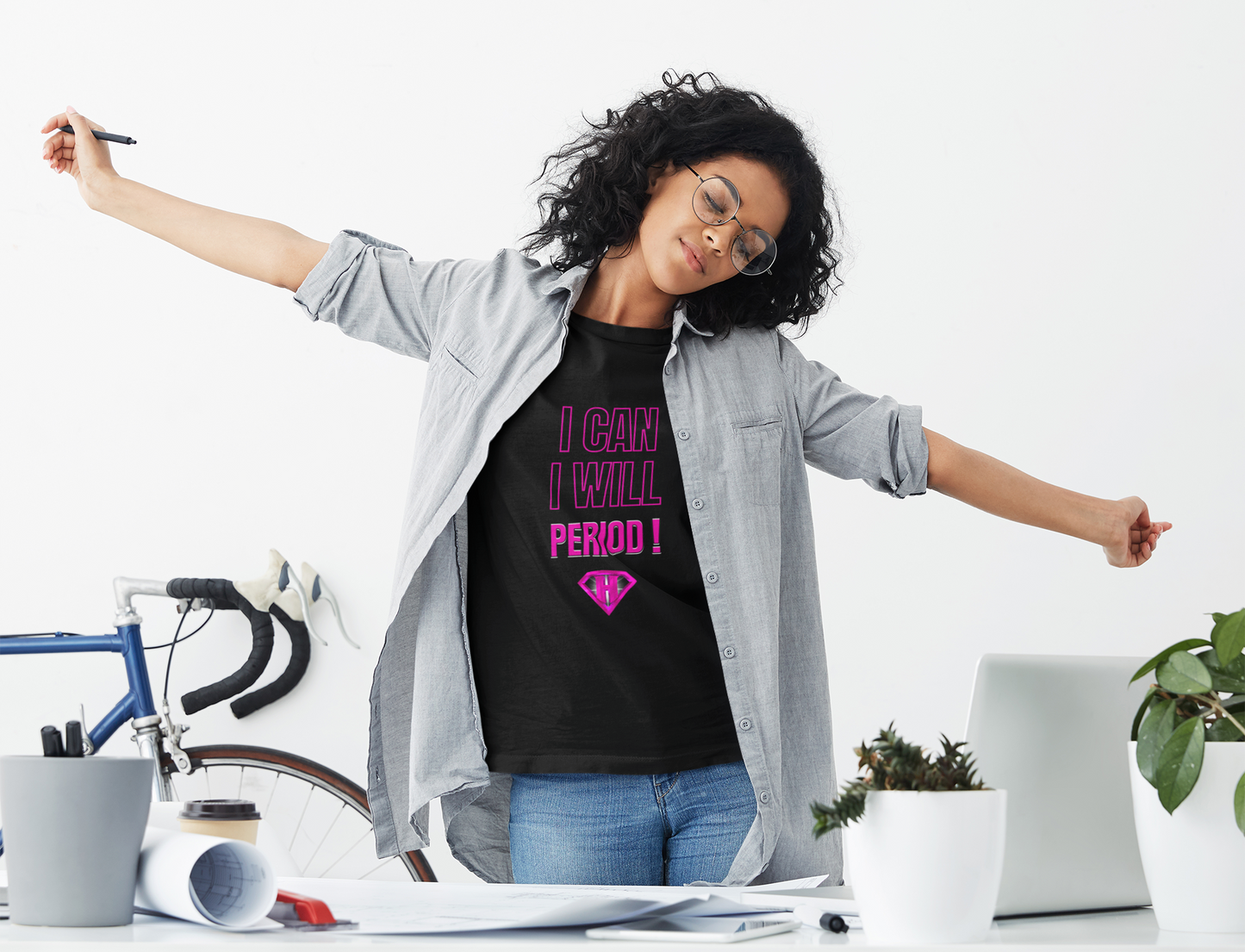 Black & Pink "I Can, I Will, Period" Inspirational T-Shirt