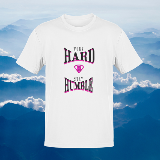 White & Pink "Work Hard and Stay Humble" Inspirational T-Shirt