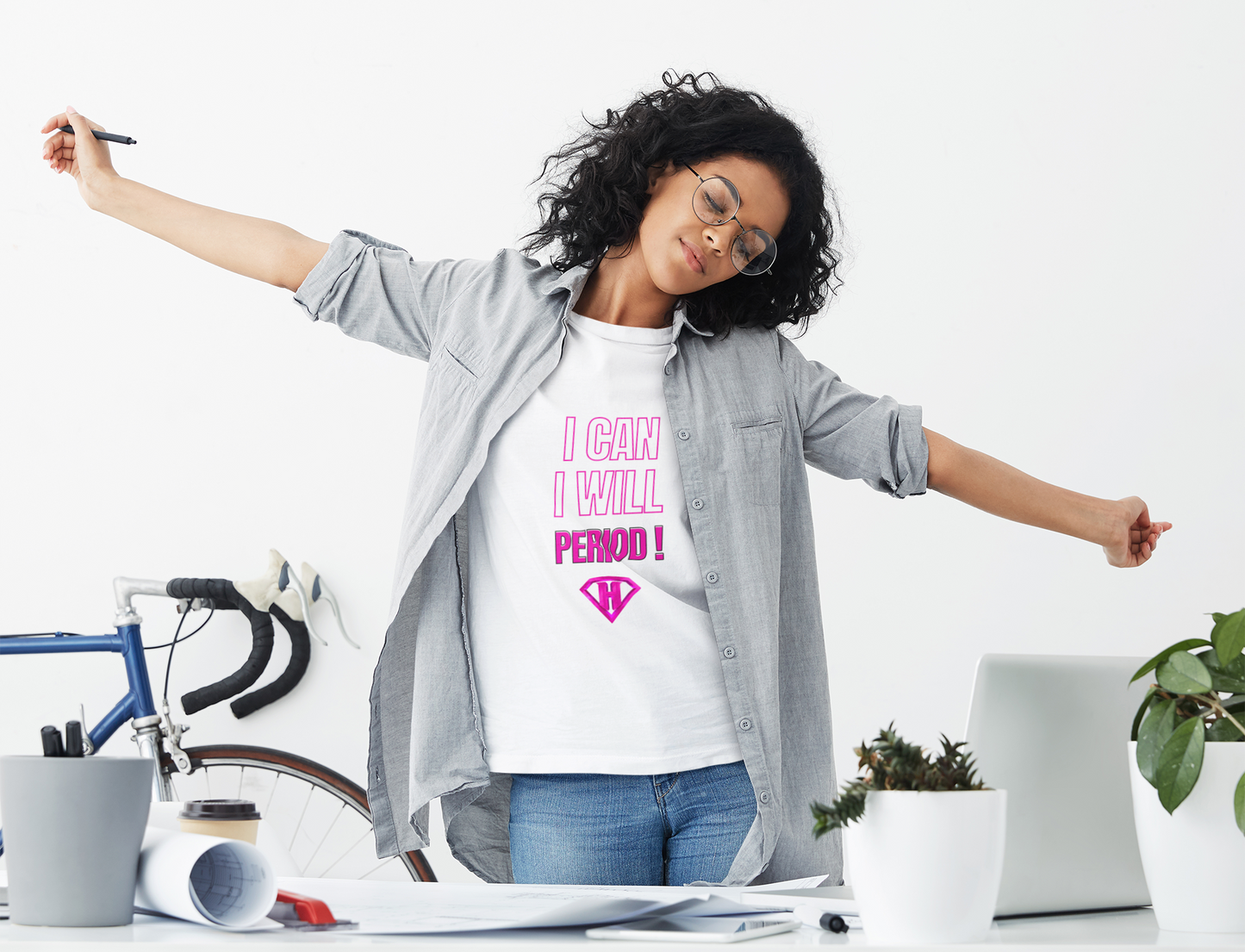 White & Pink "I Can, I Will, # Period" Inspirational T-Shirt